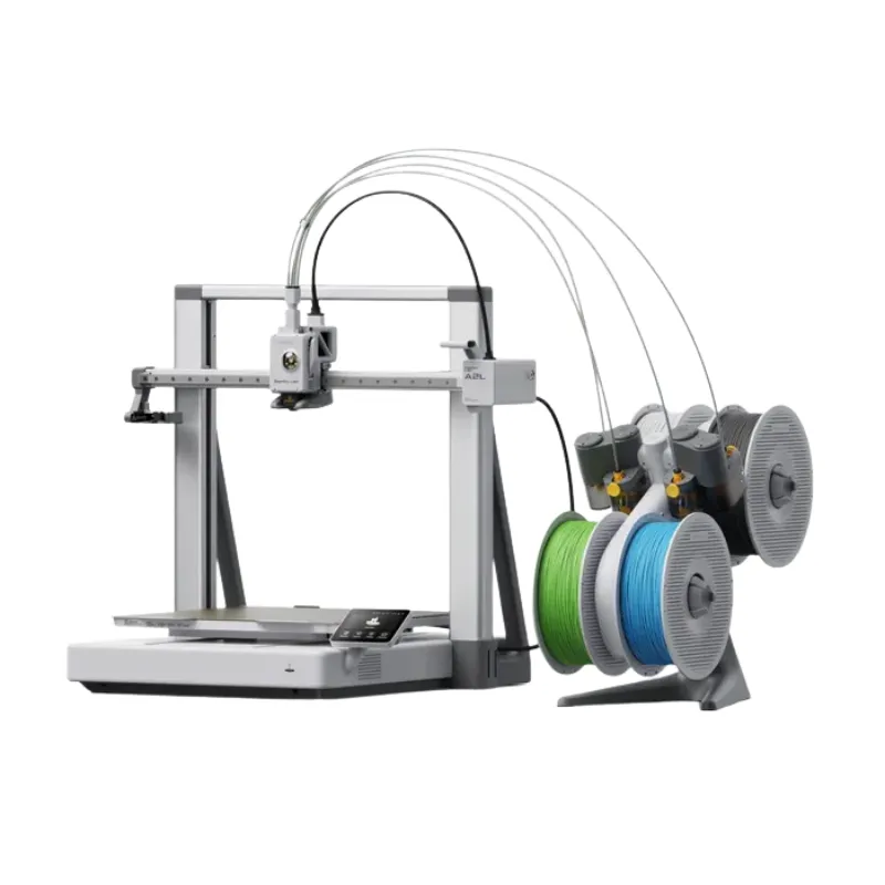 Impresora 3D Bambu Lab A2L Combo con sistema AMS imprimiendo modelo multicolor a alta velocidad